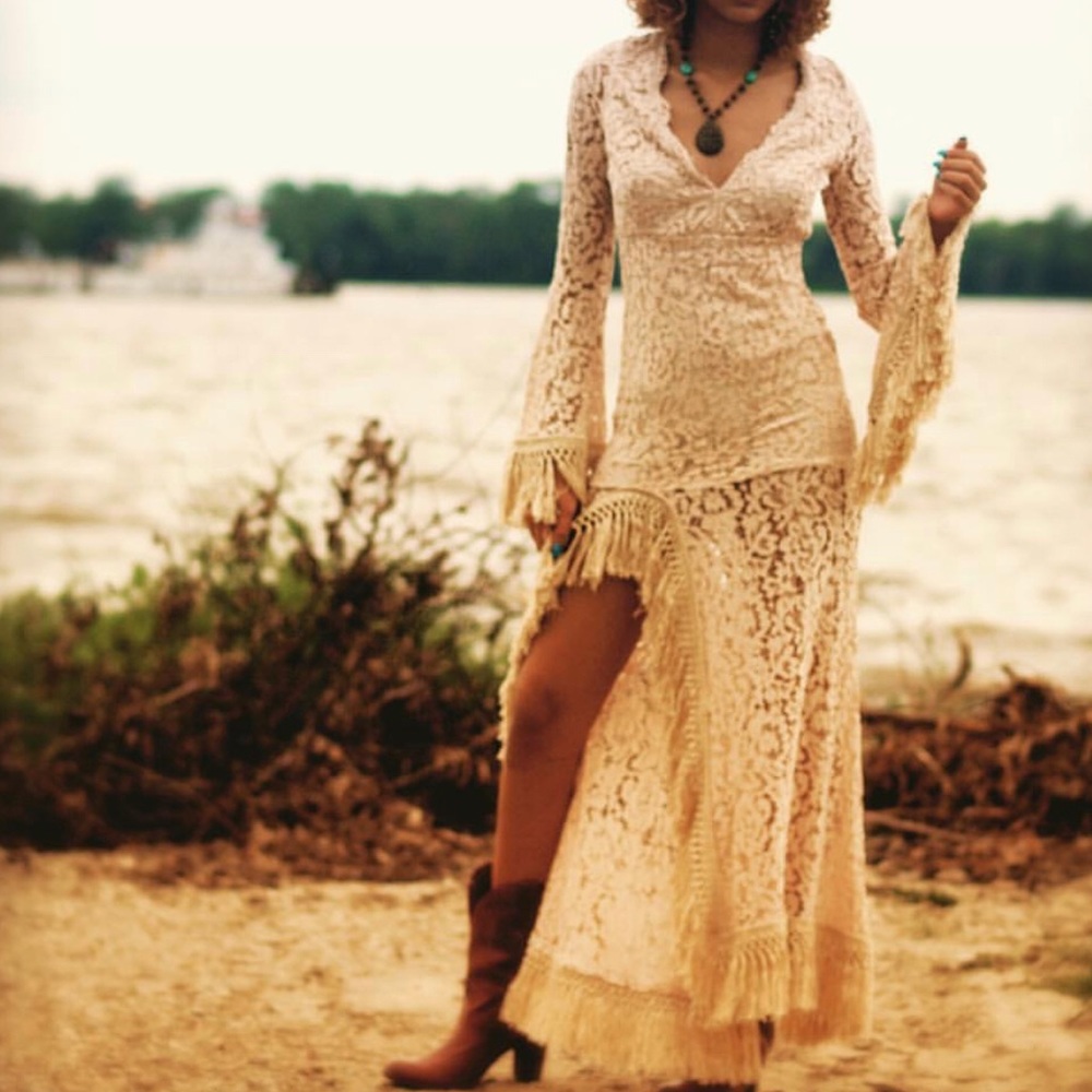 Ibiza fringed lace maxi dress slit & bell sleeves - Picture 2 of 5